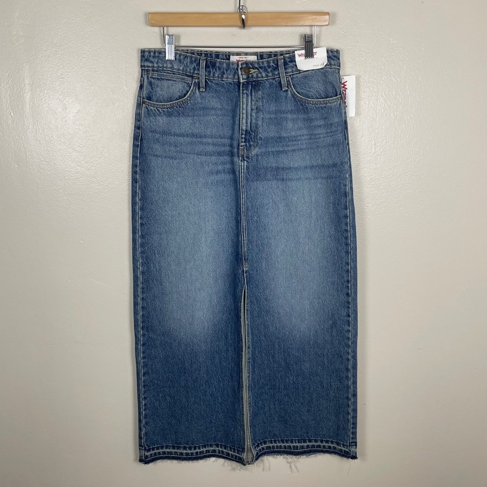 Wrangler Women's 30 Maxi Skirt Blue Denim High Waisted Raw Hem Front Slit